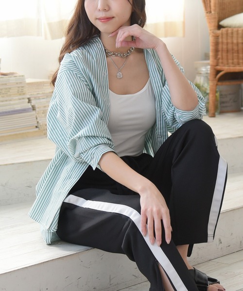 sango（sango）の「ストライプ柄ビッグシャツ（シャツ/ブラウス・レディース・ネイビー/グリーン・FREE）」の6枚目の写真