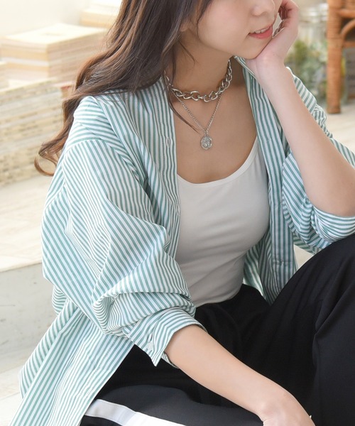sango（sango）の「ストライプ柄ビッグシャツ（シャツ/ブラウス・レディース・ネイビー/グリーン・FREE）」の9枚目の写真