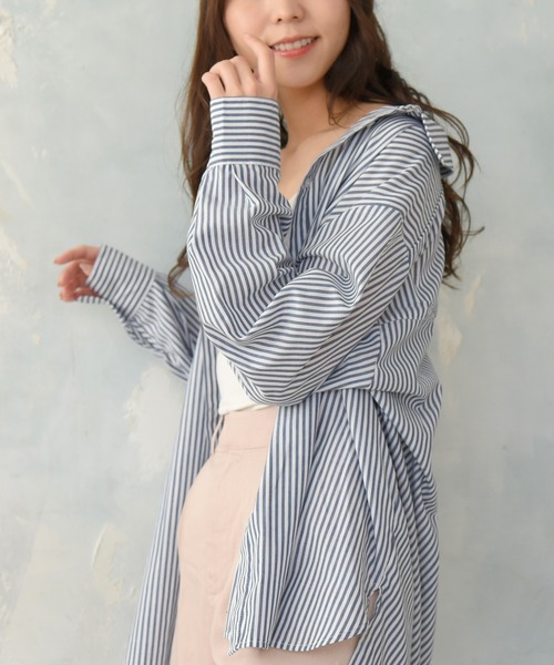 sango（sango）の「ストライプ柄ビッグシャツ（シャツ/ブラウス・レディース・ネイビー/グリーン・FREE）」の10枚目の写真