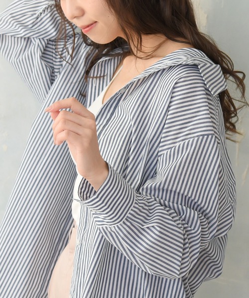 sango（sango）の「ストライプ柄ビッグシャツ（シャツ/ブラウス・レディース・ネイビー/グリーン・FREE）」の7枚目の写真