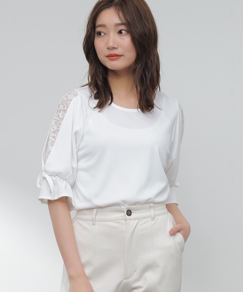 Honeys(ハニーズ)の「袖レーストップス(Tシャツ/カットソー・レディース・ホワイト/ブラック/ピンク/グリーン・S/M/L)」の13枚目の写真