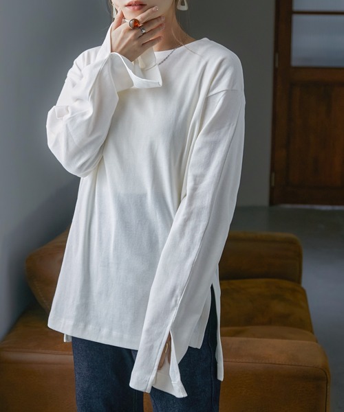 Fashion Letter（ファッションレター）の「[M-5L]スリットロングスリーブTEE（Tシャツ/カットソー・レディース・オフホワイト/ブラック/ベージュ系その他/杢グレー・M～Ｌ/LL～3L/4L～5L）」の2枚目の写真