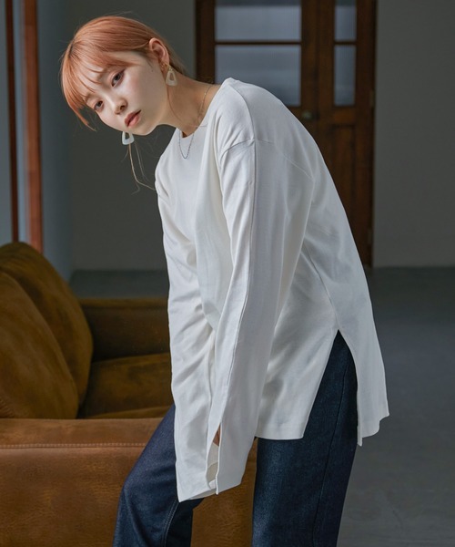 Fashion Letter（ファッションレター）の「[M-5L]スリットロングスリーブTEE（Tシャツ/カットソー・レディース・オフホワイト/ブラック/ベージュ系その他/杢グレー・M～Ｌ/LL～3L/4L～5L）」の11枚目の写真