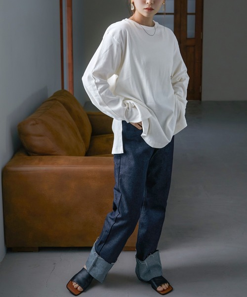 Fashion Letter（ファッションレター）の「[M-5L]スリットロングスリーブTEE（Tシャツ/カットソー・レディース・オフホワイト/ブラック/ベージュ系その他/杢グレー・M～Ｌ/LL～3L/4L～5L）」の12枚目の写真