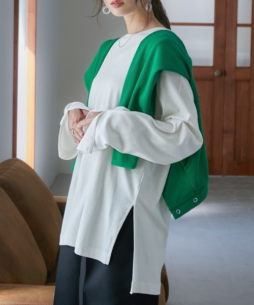 Fashion Letter（ファッションレター）の「[M-5L]スリットロングスリーブTEE（Tシャツ/カットソー・レディース・オフホワイト/ブラック/ベージュ系その他/杢グレー・M～Ｌ/LL～3L/4L～5L）」の18枚目の写真