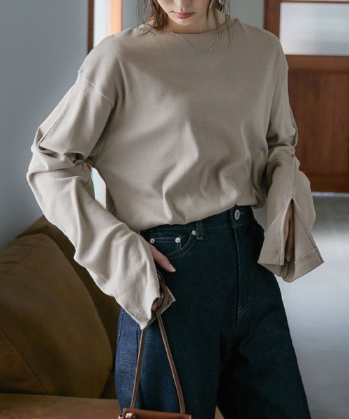 Fashion Letter（ファッションレター）の「[M-5L]スリットロングスリーブTEE（Tシャツ/カットソー・レディース・オフホワイト/ブラック/ベージュ系その他/杢グレー・M～Ｌ/LL～3L/4L～5L）」の13枚目の写真