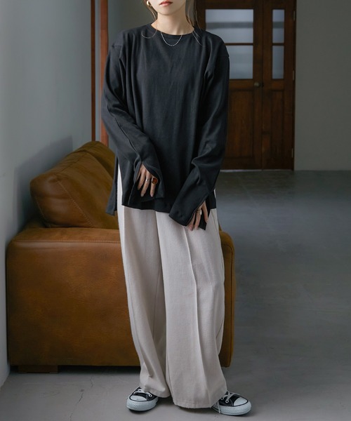 Fashion Letter（ファッションレター）の「[M-5L]スリットロングスリーブTEE（Tシャツ/カットソー・レディース・オフホワイト/ブラック/ベージュ系その他/杢グレー・M～Ｌ/LL～3L/4L～5L）」の15枚目の写真