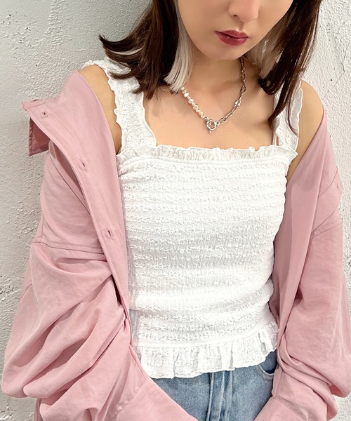 apres jour mignon(アプレジュールミニョン)の「シャーリングキャミ【ZOZOTOWN限定アイテム】(キャミソール・レディース・ピンク/ブラック/オフホワイト・フリー/X-LARGE)」の6枚目の写真