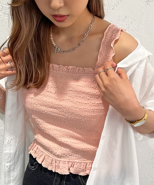 apres jour mignon(アプレジュールミニョン)の「シャーリングキャミ【ZOZOTOWN限定アイテム】(キャミソール・レディース・ピンク/ブラック/オフホワイト・フリー/X-LARGE)」の5枚目の写真