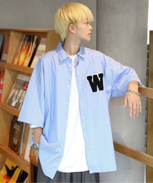 neos(ネオス)の「【neos -addictive design-】ビッグシルエット ワッペン ストライプ ハーフスリーブ シャツ(シャツ/ブラウス・メンズ・ブラック/パープル/サックスブルー・MEDIUM/LARGE/X-LARGE)」の14枚目の写真