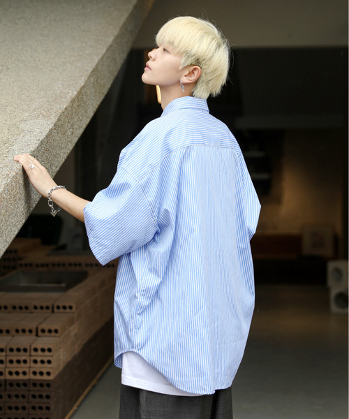 neos(ネオス)の「【neos -addictive design-】ビッグシルエット ワッペン ストライプ ハーフスリーブ シャツ(シャツ/ブラウス・メンズ・ブラック/パープル/サックスブルー・MEDIUM/LARGE/X-LARGE)」の16枚目の写真