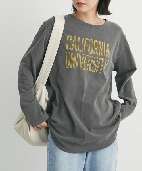 Green Parks(グリーンパークス)の「ピグメントロゴ裾ラウンドプルオーバー*(Tシャツ/カットソー・レディース・チャコールグレー/ブルー/グリーン・FREE)」の1枚目の写真