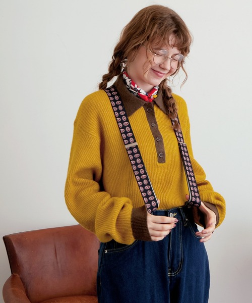 モヘアライク配色オーバーサイズポロニット MONO-MART LADY'S