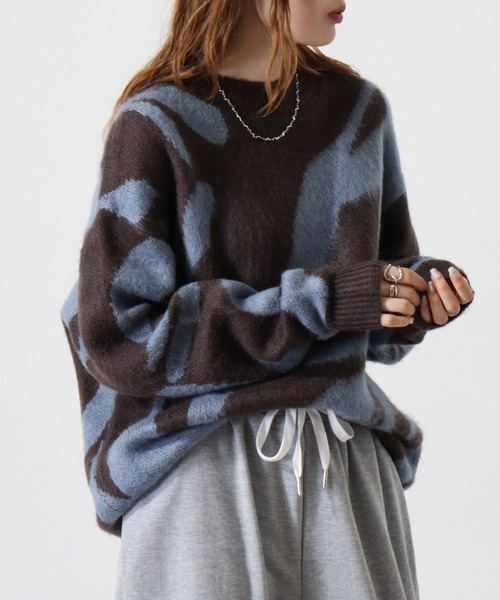 Mohair touch shaggy design crew neck knit / モヘアタッチ総柄デザイン クルーネック シャギーニット unisex（ニット/セーター）｜RE730（アールイーセブンサーティー）