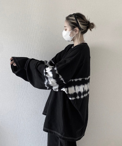 YACA（ヤーカ）の「Tie dye big silhouette shirt/タイダイビッグシルエットシャツ【unisex item】（Tシャツ/カットソー・レディース・ブラック/グレー・FREE）」の12枚目の写真