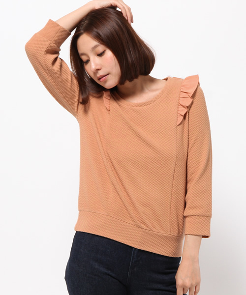 OUTLET（アウトレット）の「【mystic】肩フリル7分袖プルオーバー（Tシャツ/カットソー・レディース・オフホワイト/ネイビー/ブラック/ベージュ・FREE）」の3枚目の写真