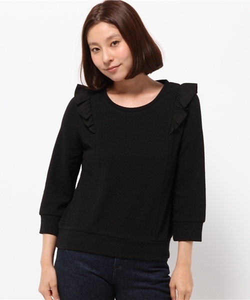OUTLET（アウトレット）の「【mystic】肩フリル7分袖プルオーバー（Tシャツ/カットソー・レディース・オフホワイト/ネイビー/ブラック/ベージュ・FREE）」の2枚目の写真