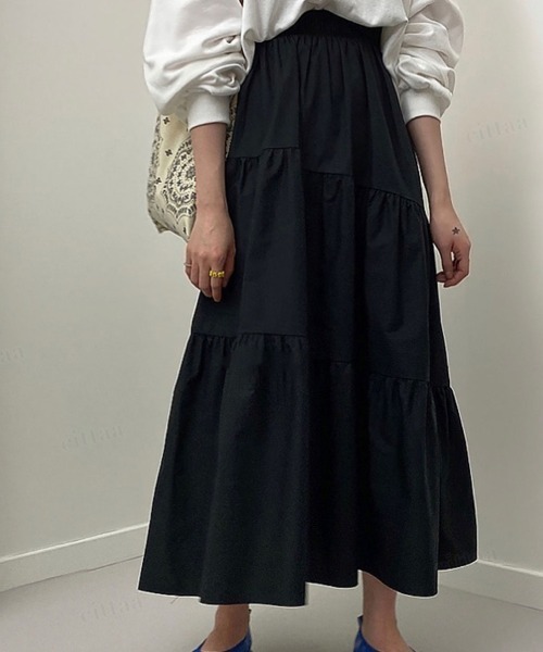 Dalfwin(ダールフィン)の「韓国ファッション ティアードロングスカート(スカート・レディース・ベージュ/ブラック/カーキ・FREE)」の7枚目の写真