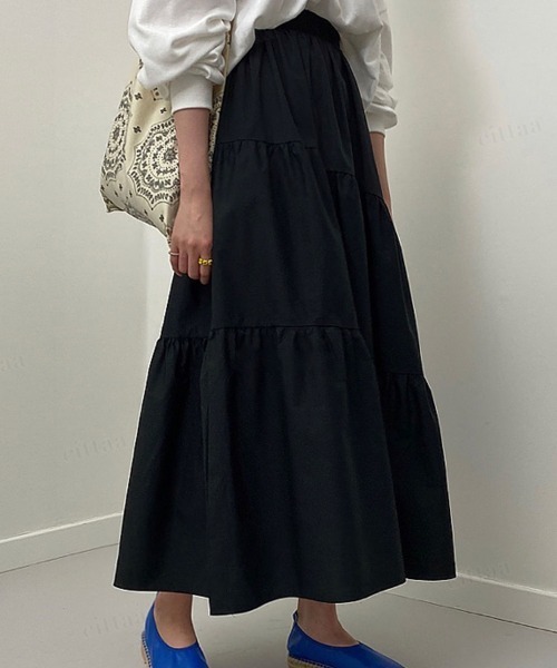 Dalfwin(ダールフィン)の「韓国ファッション ティアードロングスカート(スカート・レディース・ベージュ/ブラック/カーキ・FREE)」の4枚目の写真