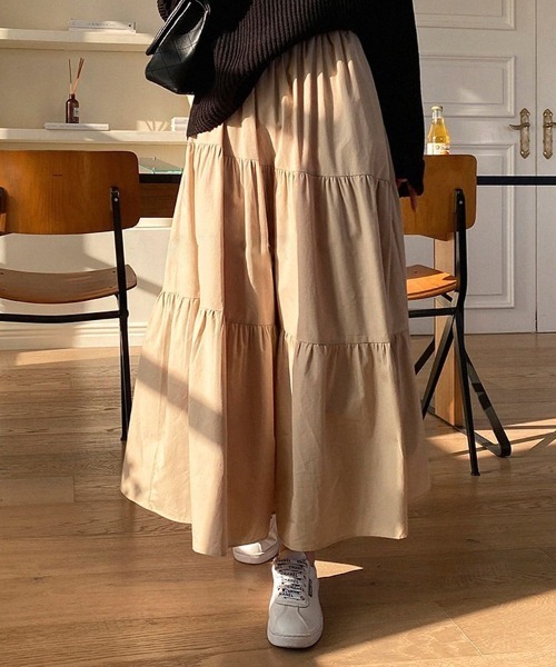 Dalfwin(ダールフィン)の「韓国ファッション ティアードロングスカート(スカート・レディース・ベージュ/ブラック/カーキ・FREE)」の9枚目の写真