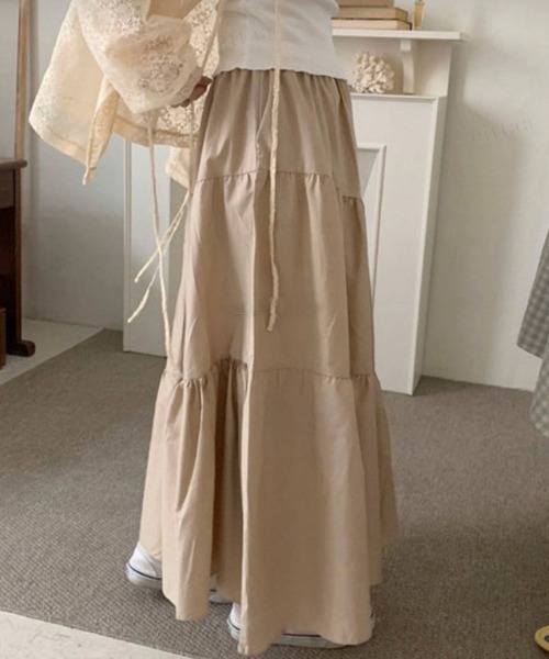 Dalfwin(ダールフィン)の「韓国ファッション ティアードロングスカート(スカート・レディース・ベージュ/ブラック/カーキ・FREE)」の14枚目の写真