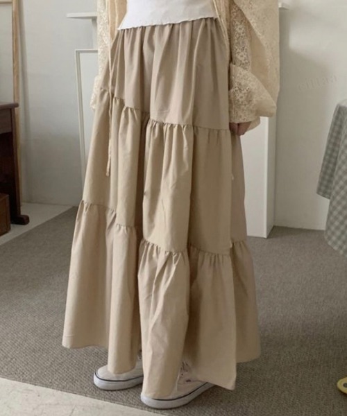 Dalfwin(ダールフィン)の「韓国ファッション ティアードロングスカート(スカート・レディース・ベージュ/ブラック/カーキ・FREE)」の15枚目の写真