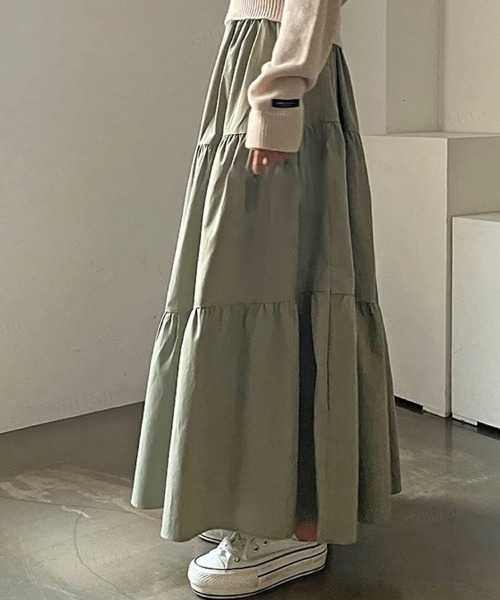 Dalfwin(ダールフィン)の「韓国ファッション ティアードロングスカート(スカート・レディース・ベージュ/ブラック/カーキ・FREE)」の22枚目の写真