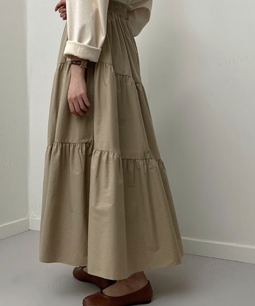 Dalfwin(ダールフィン)の「韓国ファッション ティアードロングスカート(スカート・レディース・ベージュ/ブラック/カーキ・FREE)」の18枚目の写真