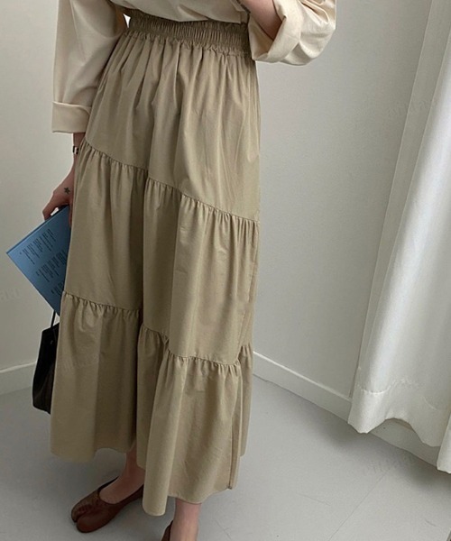 Dalfwin(ダールフィン)の「韓国ファッション ティアードロングスカート(スカート・レディース・ベージュ/ブラック/カーキ・FREE)」の19枚目の写真