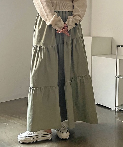 Dalfwin(ダールフィン)の「韓国ファッション ティアードロングスカート(スカート・レディース・ベージュ/ブラック/カーキ・FREE)」の20枚目の写真