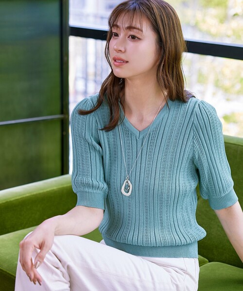 Tiaclasse（ティアクラッセ）の「【洗える】パフスリーブ透かし編みニットトップス（ニット/セーター・レディース・ピンク/ミント/オフホワイト/ブラック・XL/XXL）」の16枚目の写真