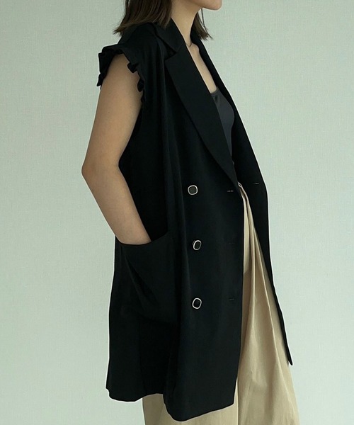 ANOTHER S(アナザーエス)の「プリーツフレンチ袖ダブルテーラードベストジレ(スーツベスト・レディース・キャメル/ブラック/グレー・FREE)」の2枚目の写真