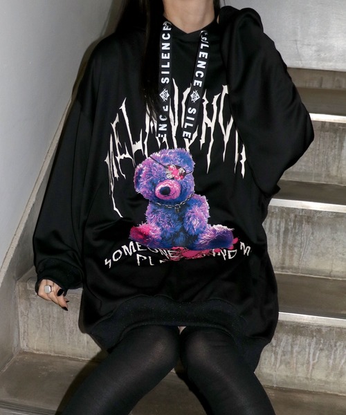 SITRY(シトリー)の「Darkness Bear & Cat Sweat Hoodie/サブカル系 病みくま 病みねこ スウェット フーディー パーカー(パーカー・メンズ・ブラック/ブラック系その他/ホワイト/ホワイト系その他・M/L)」の7枚目の写真