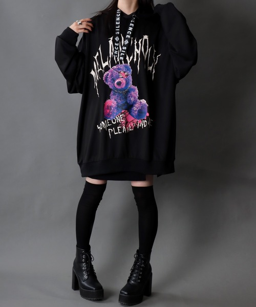 SITRY(シトリー)の「Darkness Bear & Cat Sweat Hoodie/サブカル系 病みくま 病みねこ スウェット フーディー パーカー(パーカー・メンズ・ブラック/ブラック系その他/ホワイト/ホワイト系その他・M/L)」の11枚目の写真