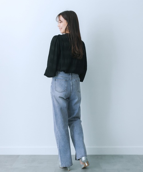 美品※solov デニムパンツ ハイウエスト　サッシュベルト　　サイズ1 ハイウエストSIDE BELT CUTデザインフレアデニムパンツ[品番