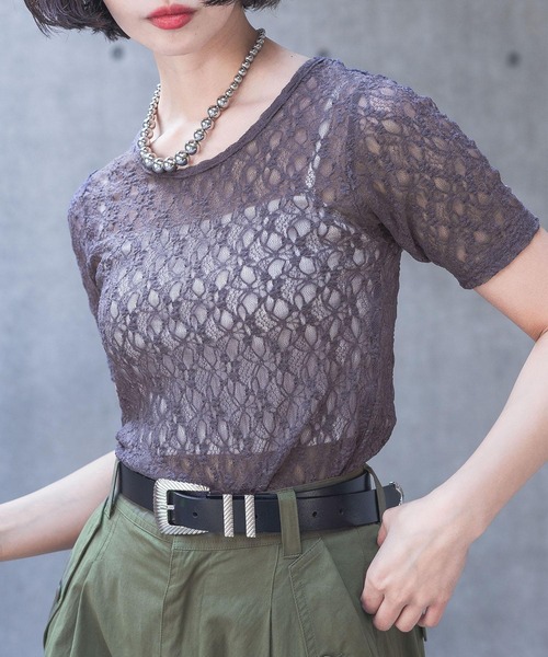 PAGEBOY（ページボーイ）の「カットレースシアートップス（Tシャツ/カットソー・レディース・チャコールグレー/ブラック/オフホワイト/ブルー・FREE）」の14枚目の写真