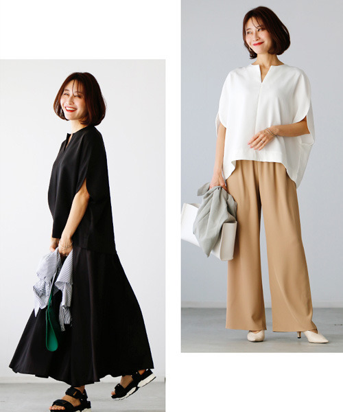 Ehre style(エーレスタイル)の「華奢見せが叶う!着やせの技ありキーネックドルマン(Tシャツ/カットソー・レディース・ブラック/ベージュ/ホワイト・FREE)」の9枚目の写真