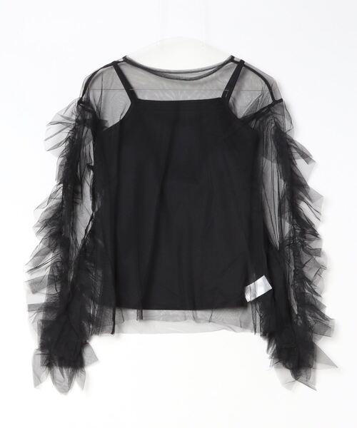 Per sist ence（パーシエンス）の「チュール袖フリルプルオーバー × カップ付きフライスキャミソールSET／シアー トップス レイヤード カジュアル（Tシャツ/カットソー・レディース・ドット/ブラック/オフホワイト/チャコールグレー・FREE）」の3枚目の写真