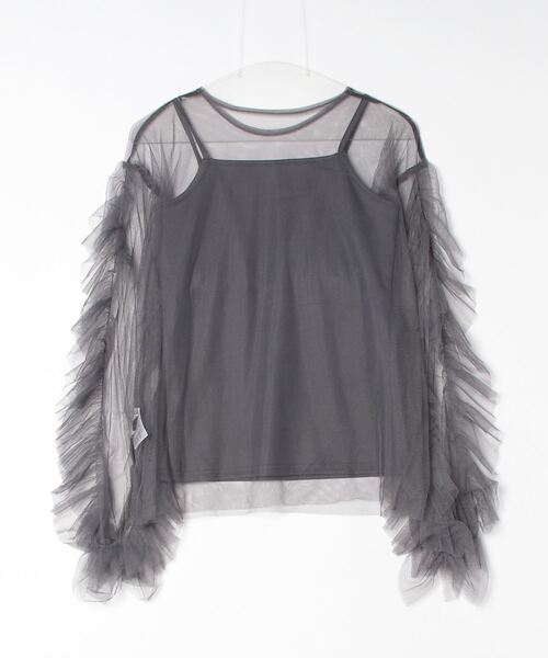 Per sist ence（パーシエンス）の「チュール袖フリルプルオーバー × カップ付きフライスキャミソールSET／シアー トップス レイヤード カジュアル（Tシャツ/カットソー・レディース・ドット/ブラック/オフホワイト/チャコールグレー・FREE）」の5枚目の写真