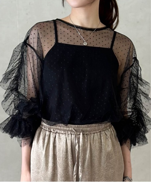 Per sist ence（パーシエンス）の「チュール袖フリルプルオーバー × カップ付きフライスキャミソールSET／シアー トップス レイヤード カジュアル（Tシャツ/カットソー・レディース・ドット/ブラック/オフホワイト/チャコールグレー・FREE）」の4枚目の写真