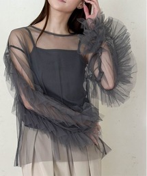 チュール袖フリルプルオーバー × カップ付きフライスキャミソールSET／シアー トップス レイヤード カジュアル