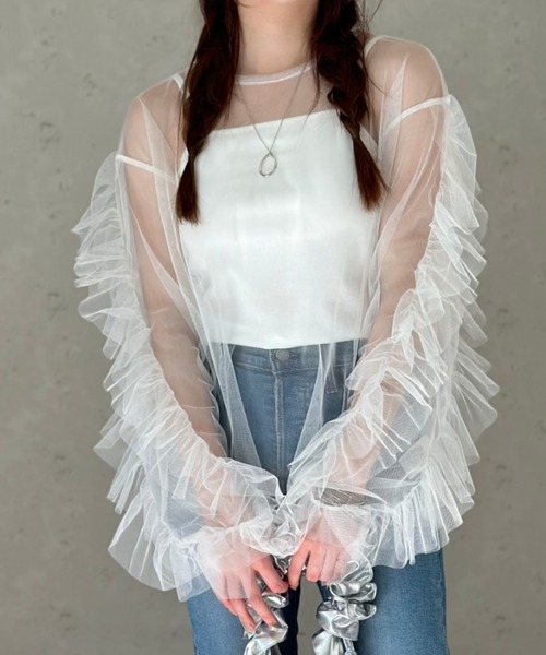 Per sist ence（パーシエンス）の「チュール袖フリルプルオーバー × カップ付きフライスキャミソールSET／シアー トップス レイヤード カジュアル（Tシャツ/カットソー・レディース・ドット/ブラック/オフホワイト/チャコールグレー・FREE）」の7枚目の写真