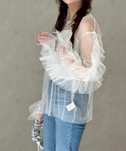 Per sist ence（パーシエンス）の「チュール袖フリルプルオーバー × カップ付きフライスキャミソールSET／シアー トップス レイヤード カジュアル（Tシャツ/カットソー・レディース・ドット/ブラック/オフホワイト/チャコールグレー・FREE）」の8枚目の写真