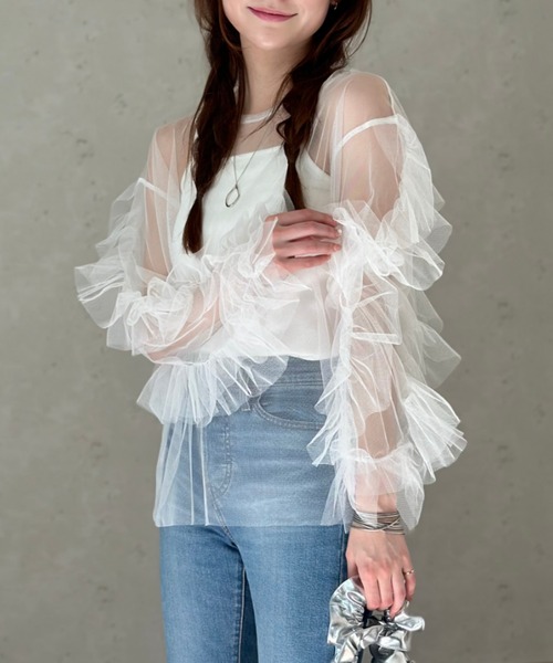 Per sist ence（パーシエンス）の「チュール袖フリルプルオーバー × カップ付きフライスキャミソールSET／シアー トップス レイヤード カジュアル（Tシャツ/カットソー・レディース・ドット/ブラック/オフホワイト/チャコールグレー・FREE）」の10枚目の写真