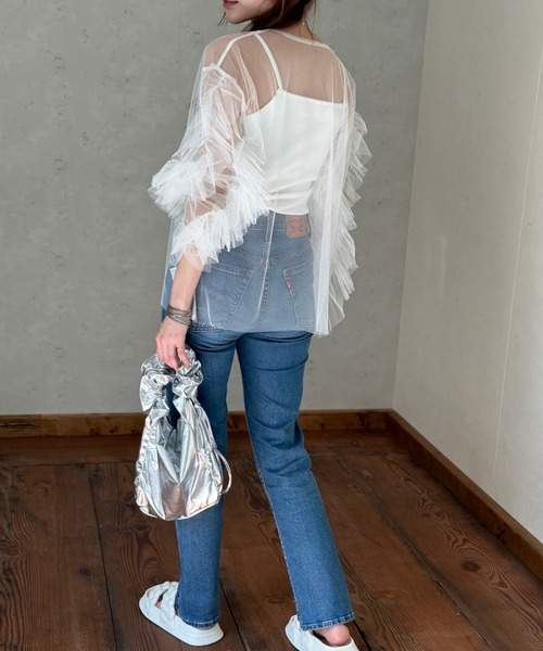 Per sist ence（パーシエンス）の「チュール袖フリルプルオーバー × カップ付きフライスキャミソールSET／シアー トップス レイヤード カジュアル（Tシャツ/カットソー・レディース・ドット/ブラック/オフホワイト/チャコールグレー・FREE）」の13枚目の写真