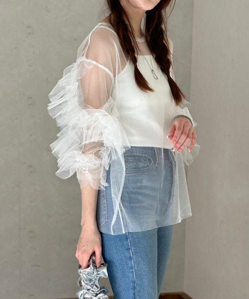 Per sist ence（パーシエンス）の「チュール袖フリルプルオーバー × カップ付きフライスキャミソールSET／シアー トップス レイヤード カジュアル（Tシャツ/カットソー・レディース・ドット/ブラック/オフホワイト/チャコールグレー・FREE）」の18枚目の写真