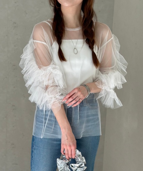 Per sist ence（パーシエンス）の「チュール袖フリルプルオーバー × カップ付きフライスキャミソールSET／シアー トップス レイヤード カジュアル（Tシャツ/カットソー・レディース・ドット/ブラック/オフホワイト/チャコールグレー・FREE）」の20枚目の写真