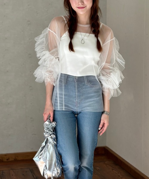 Per sist ence（パーシエンス）の「チュール袖フリルプルオーバー × カップ付きフライスキャミソールSET／シアー トップス レイヤード カジュアル（Tシャツ/カットソー・レディース・ドット/ブラック/オフホワイト/チャコールグレー・FREE）」の22枚目の写真