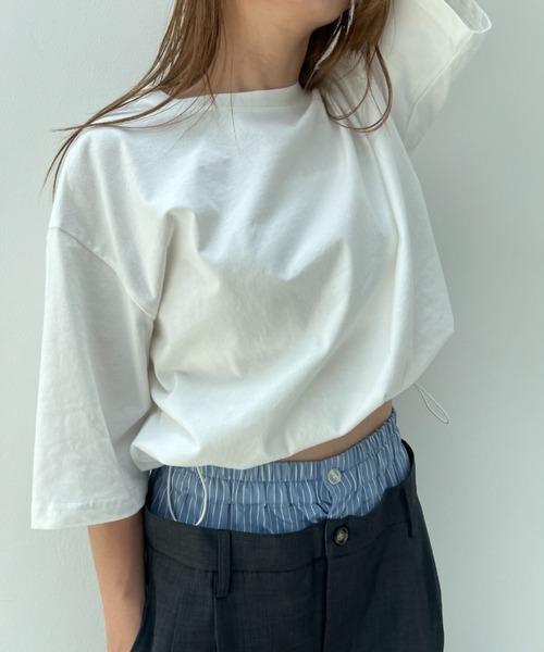 y/m（イム）の「ドロストクロップドTシャツ（Tシャツ/カットソー・レディース・ブラック/イエロー/オフホワイト/ブルー/ダークブルー/ベージュ・FREE）」の2枚目の写真