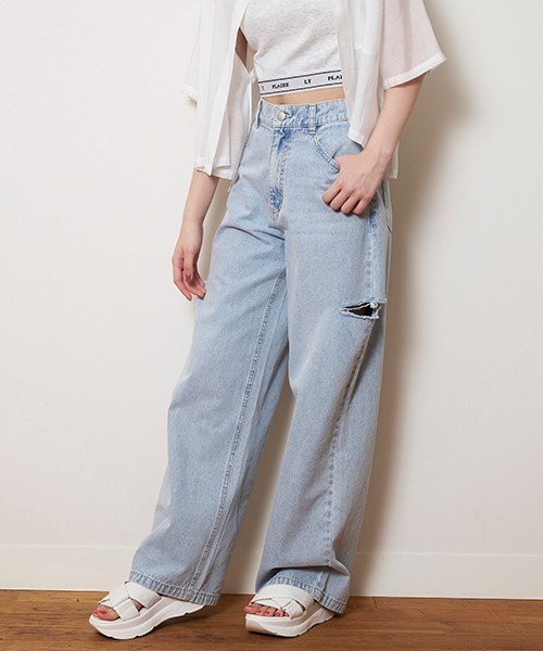 LOVETOXIC（ラブトキシック）の「【接触冷感】ダメージワイドパンツ（その他パンツ・キッズ・ライトグレー/グレー/サックスブルー/ライトブルー・S/M/L）」の4枚目の写真